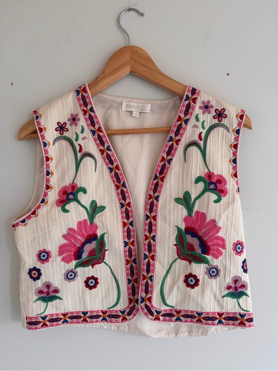 Rebellion Jackets & Blazers - Rebellion Embroidered Floral Vest in Ivory, Pink and Blue